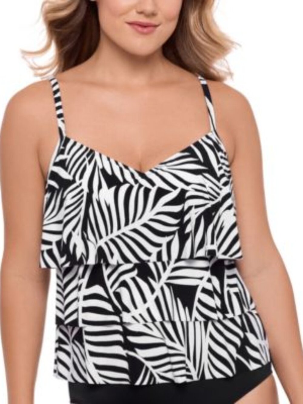 Swim Solutions Women's V Neck Tiered Swimsuit Tankini Top Black Size 8 NWTS